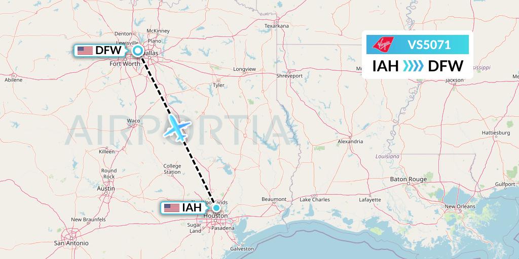 VS5071 Virgin Atlantic Airways Flight Map: Houston to Dallas