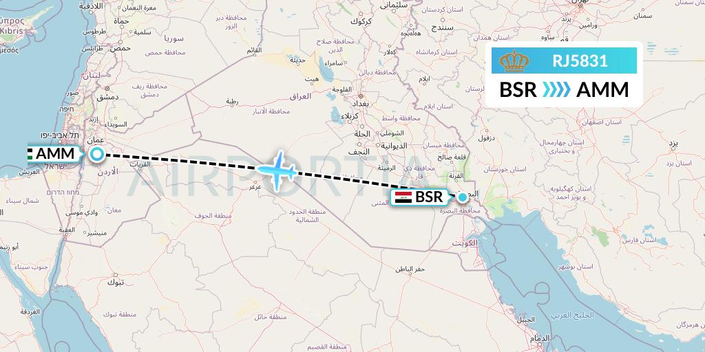 RJ5831 Royal Jordanian Flight Map: Basra to Amman