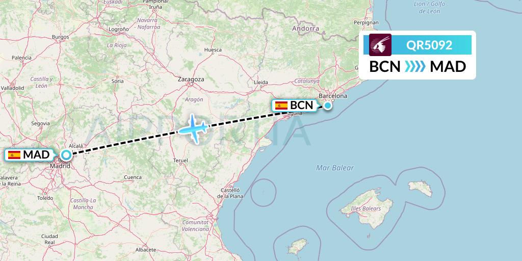 QR5092 Qatar Airways Flight Map: Barcelona to Madrid