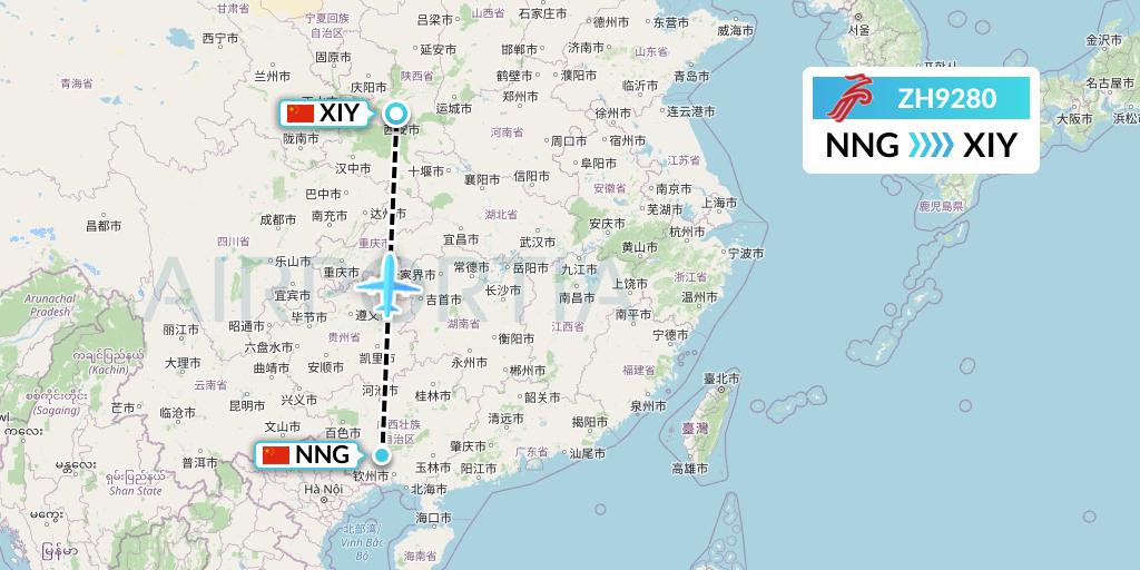 ZH9280 Shenzhen Airlines Flight Map: Nanning to Xi'an
