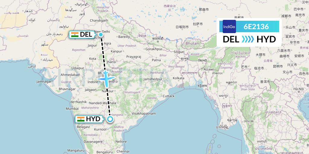 6E2136 IndiGo Airlines Flight Map: Delhi to Hyderabad