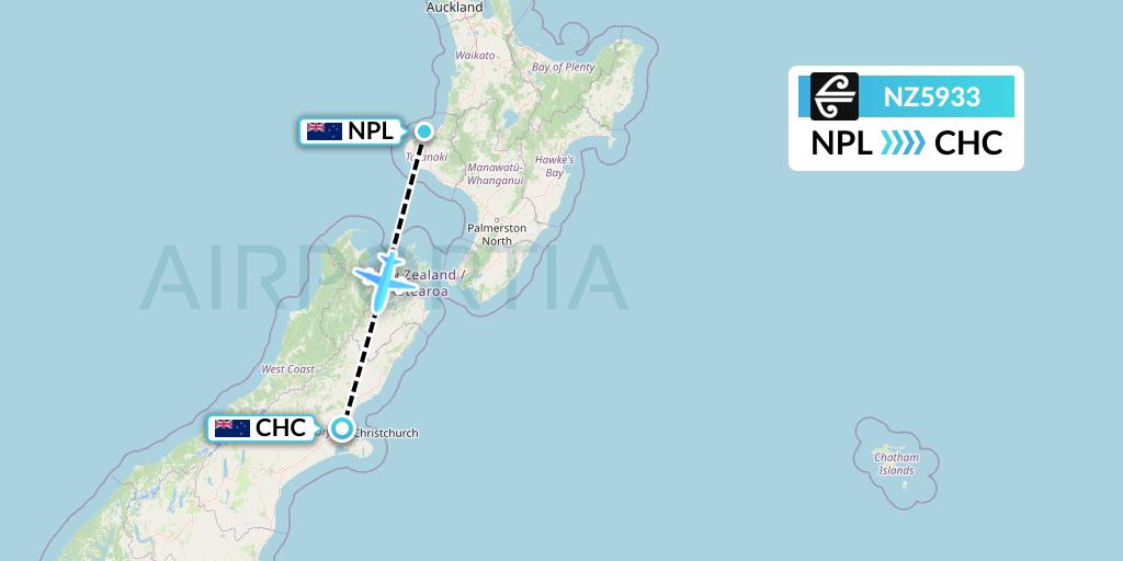 NZ5933 Air New Zealand Flight Map: New Plymouth to Christchurch