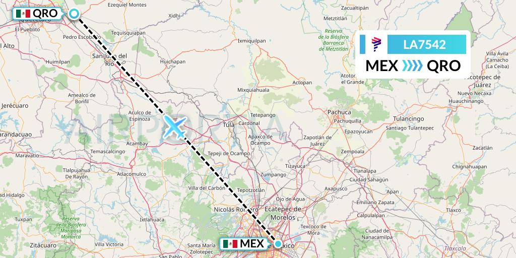 LA7542 LAN Airlines Flight Map: Mexico City to Queretaro