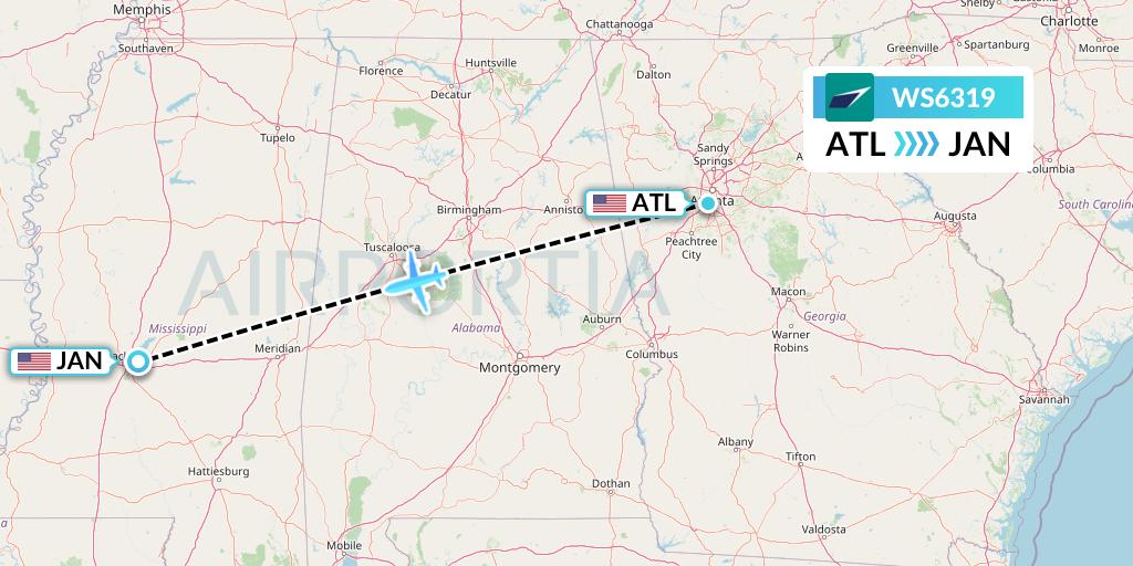 WS6319 WestJet Flight Map: Atlanta to Jackson
