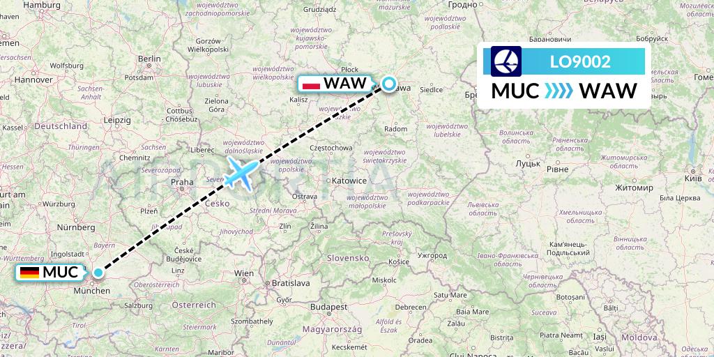 LO9002 LOT Flight Map: Munich to Warsaw