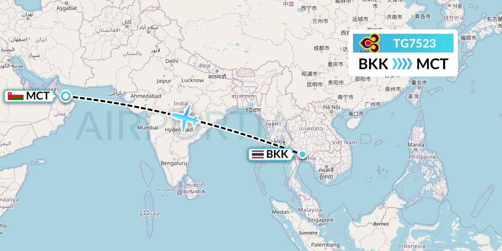 TG7523 Thai Airways Flight Map: Bangkok to Muscat