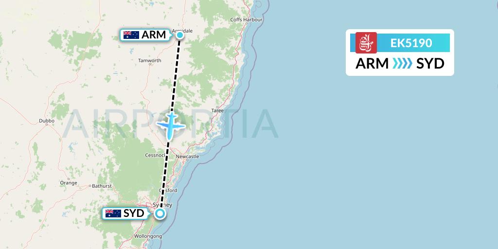 EK5190 Emirates Flight Map: Armidale to Sydney