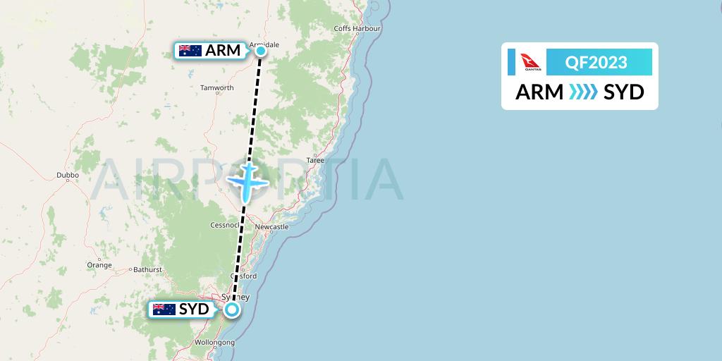 QF2023 Qantas Flight Map: Armidale to Sydney