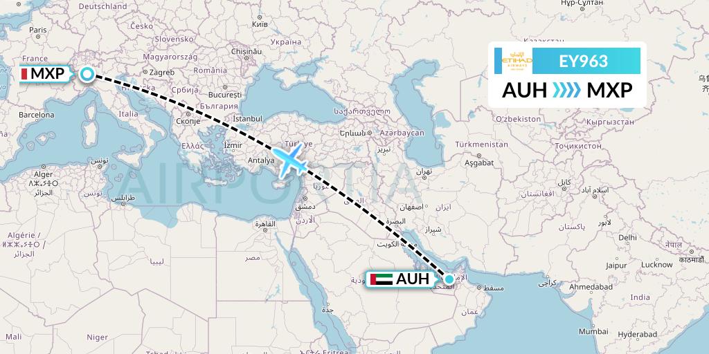EY963 Etihad Airways Flight Map: Abu Dhabi to Milan