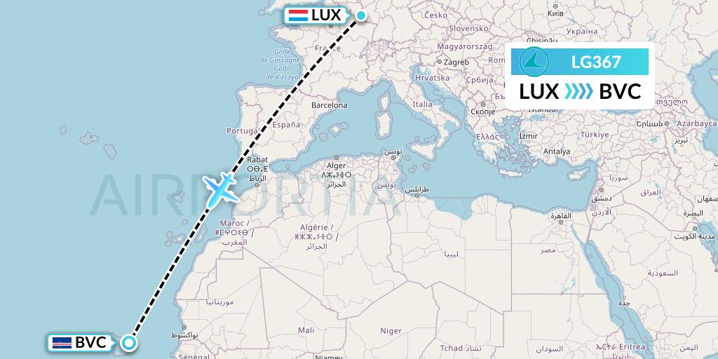 LG367 Luxair Flight Map: Luxembourg to Boa Vista