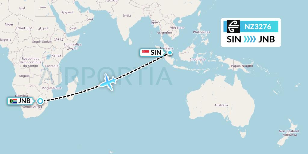 NZ3276 Air New Zealand Flight Map: Singapore to Johannesburg