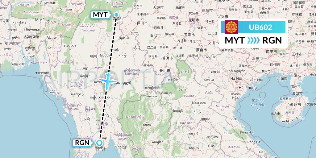 UB602 Myanmar National Airlines Flight Map: Myitkyina to Yangon