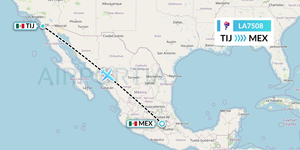 LA7508 LAN Airlines Flight Map: Tijuana to Mexico City