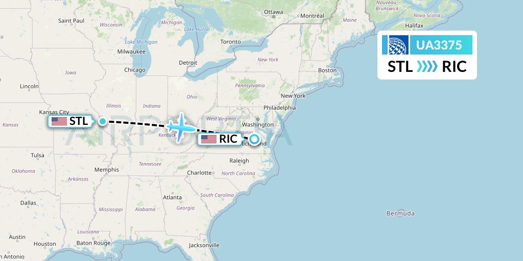 UA3375 United Airlines Flight Map: St. Louis to Richmond