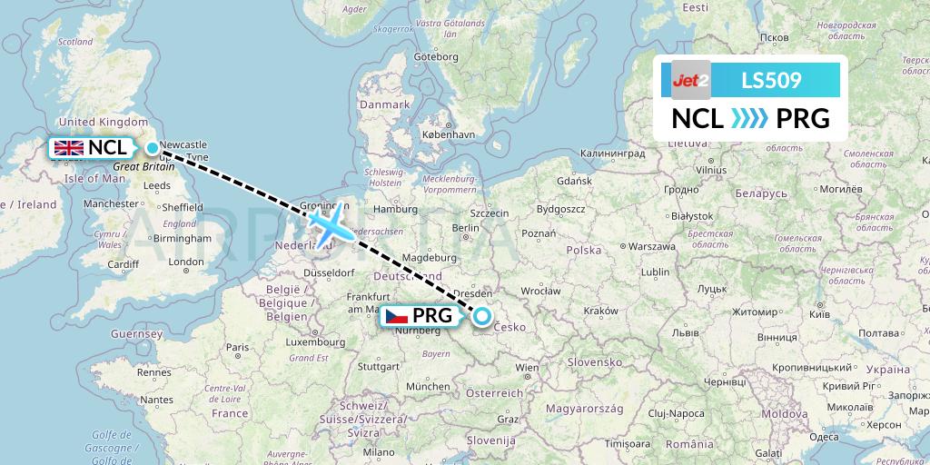LS509 Jet2 Flight Map: Newcastle to Prague