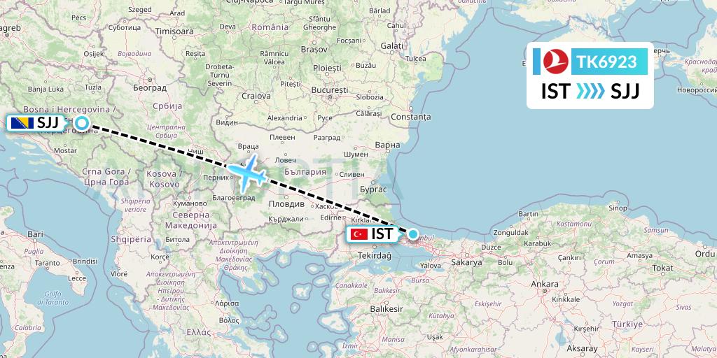 TK6923 Turkish Airlines Flight Map: Istanbul to Sarajevo