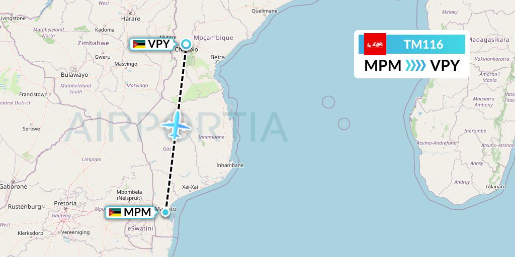 TM116 LAM Mozambique Airlines Flight Map: Maputo to Chimoio