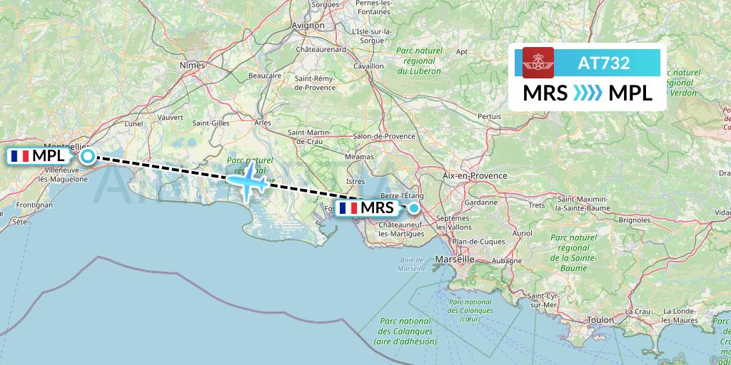 AT732 Royal Air Maroc Flight Map: Marseille to Montpellier