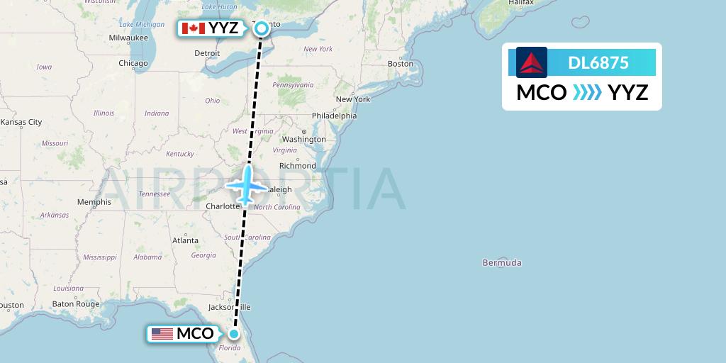 DL6875 Delta Air Lines Flight Map: Orlando to Toronto