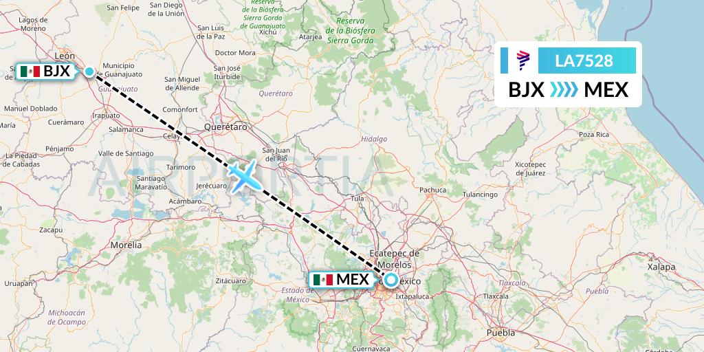 LA7528 LAN Airlines Flight Map: Silao to Mexico City