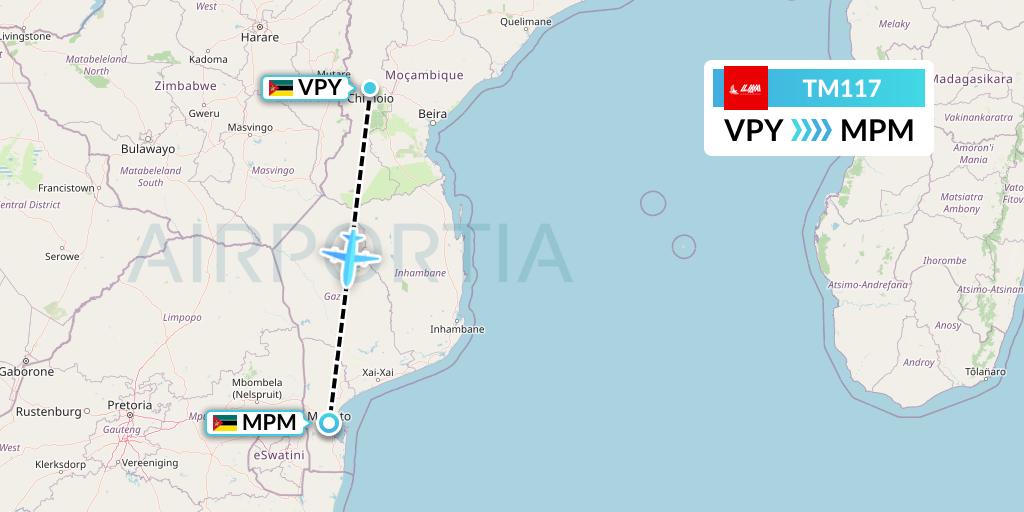 TM117 LAM Mozambique Airlines Flight Map: Chimoio to Maputo