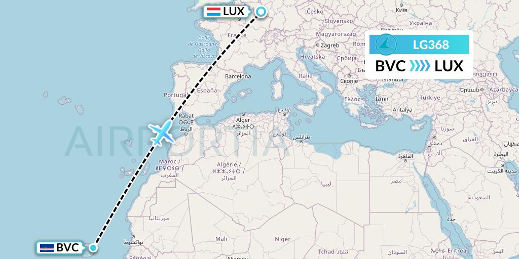 LG368 Luxair Flight Map: Boa Vista to Luxembourg