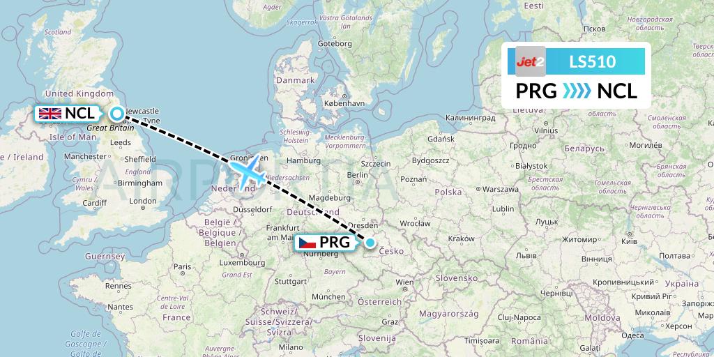 LS510 Jet2 Flight Map: Prague to Newcastle