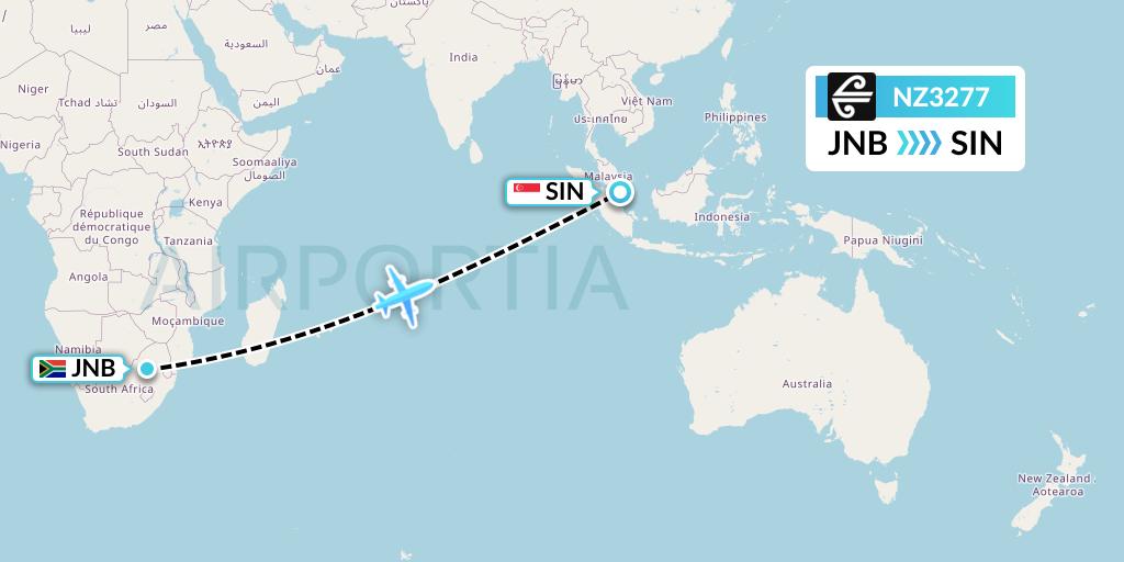 NZ3277 Air New Zealand Flight Map: Johannesburg to Singapore