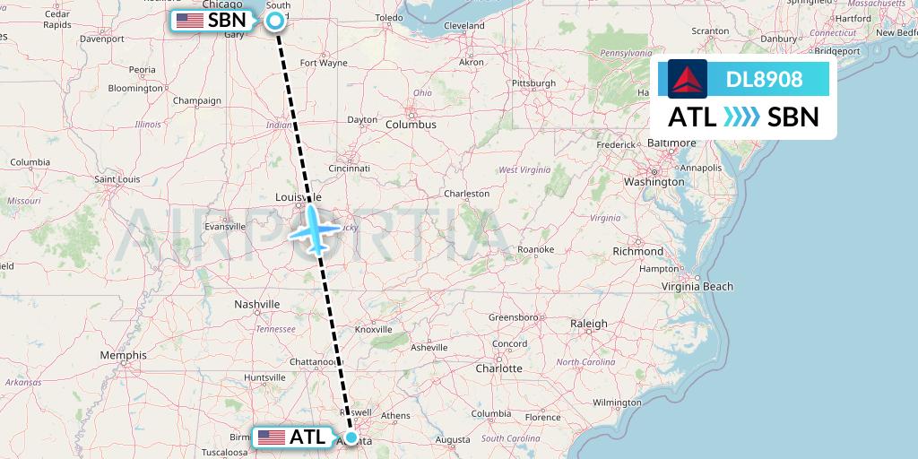 DL8908 Delta Air Lines Flight Map: Atlanta to South Bend