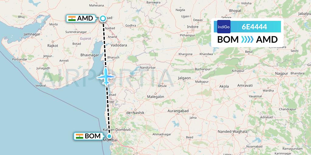 6E4444 IndiGo Airlines Flight Map: Mumbai to Ahmedabad