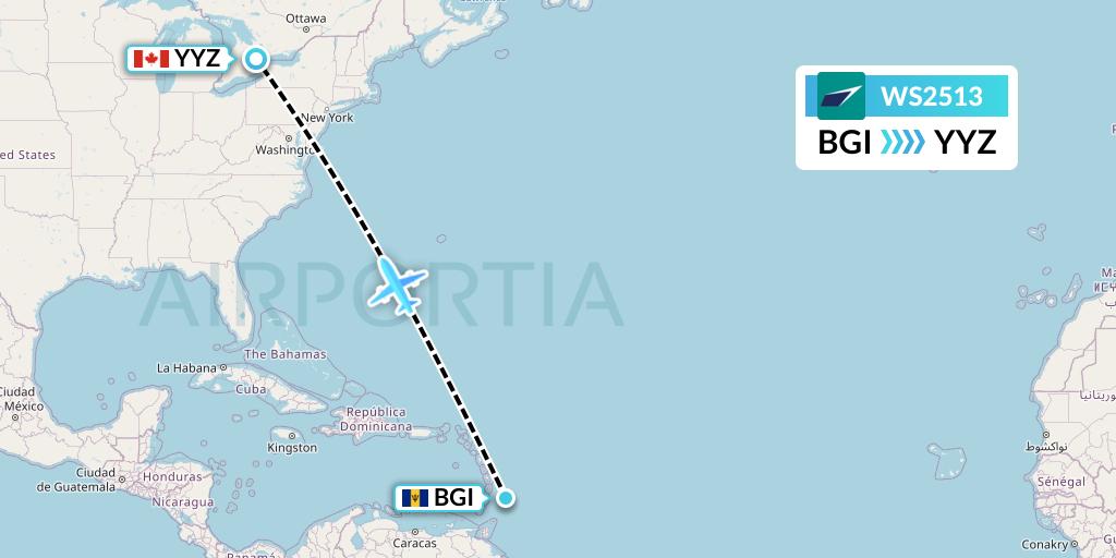 WS2513 WestJet Flight Map: Bridgetown to Toronto