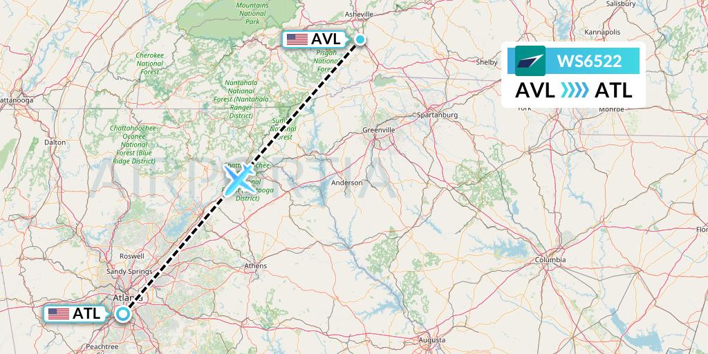 WS6522 WestJet Flight Map: Asheville to Atlanta