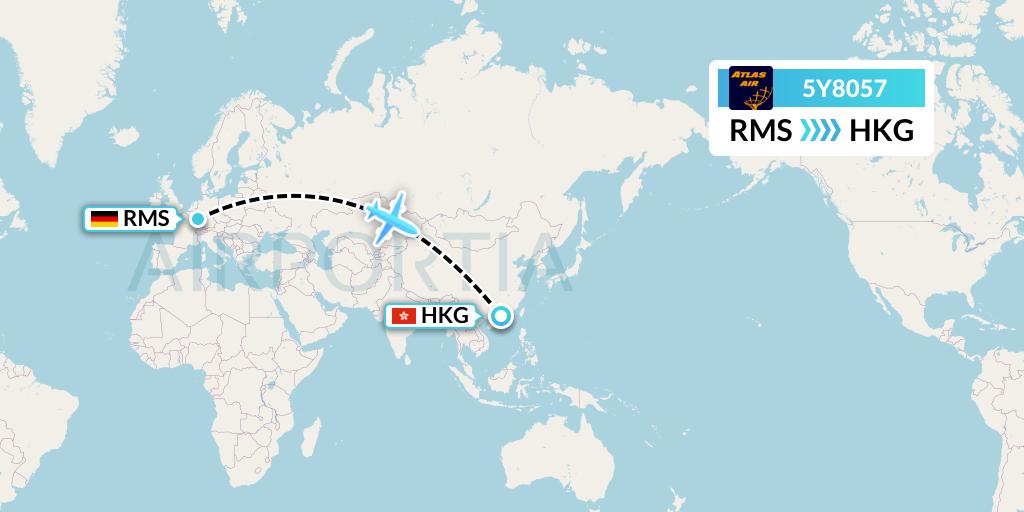 5Y8057 Atlas Air Flight Map: Ramstein to Hong Kong