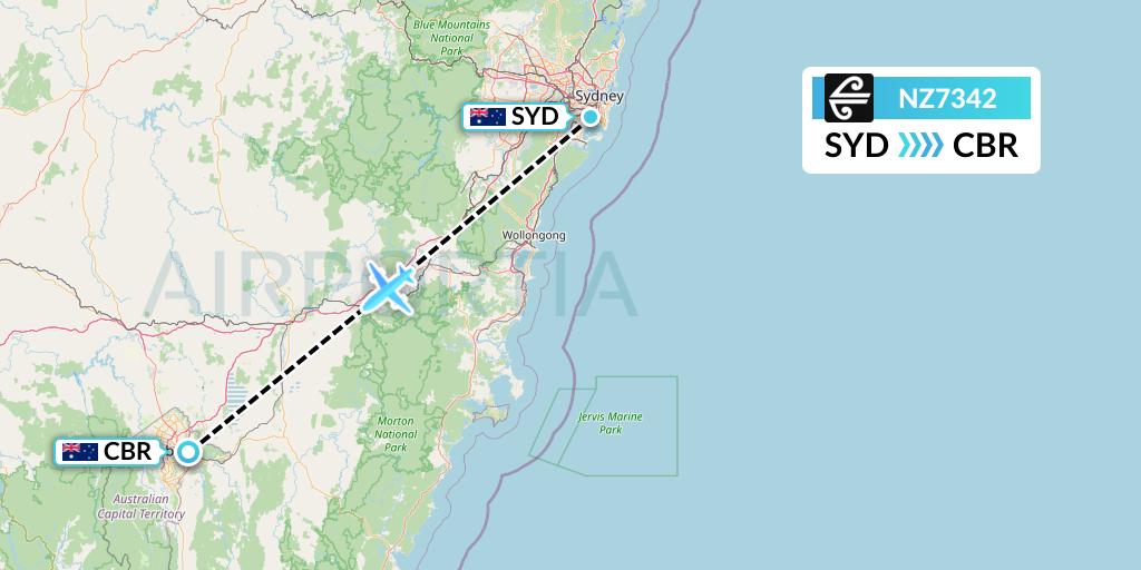 NZ7342 Air New Zealand Flight Map: Sydney to Canberra