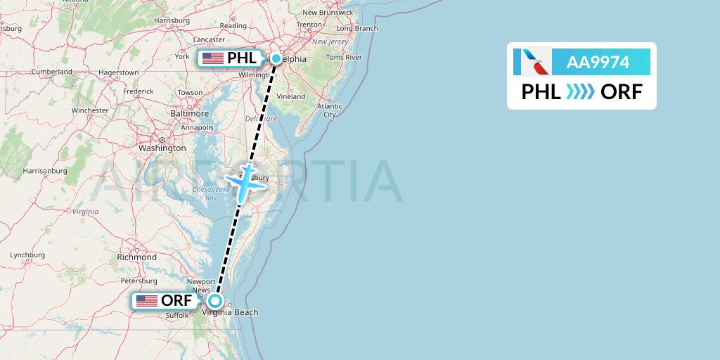 AA9974 American Airlines Flight Map: Philadelphia to Norfolk