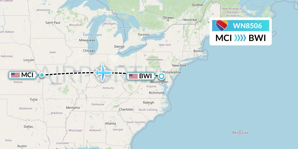 WN8506 Southwest Airlines Flight Map: Kansas City to Baltimore