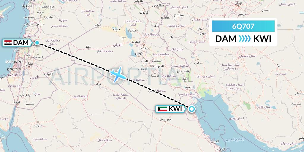 6Q707 Cham Wings Airlines Flight Map: Damascus to Kuwait City