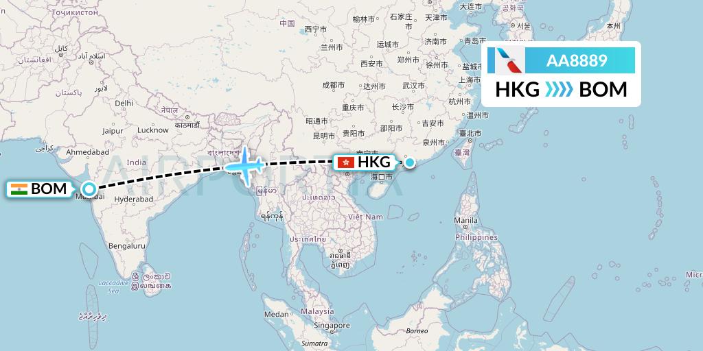 AA8889 American Airlines Flight Map: Hong Kong to Mumbai