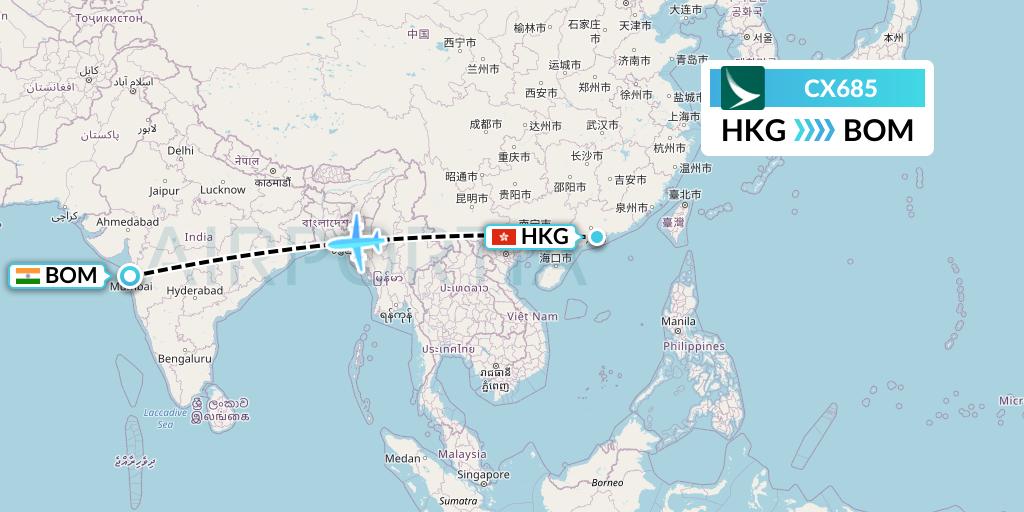 CX685 Cathay Pacific Flight Map: Hong Kong to Mumbai