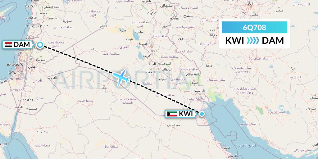 6Q708 Cham Wings Airlines Flight Map: Kuwait City to Damascus