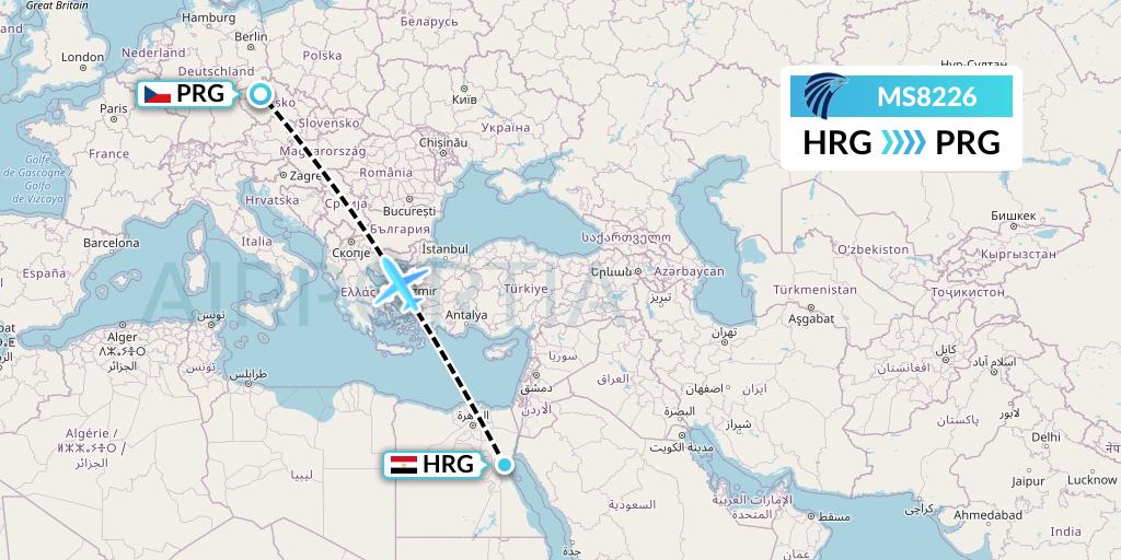 MS8226 EgyptAir Flight Map: Hurghada to Prague