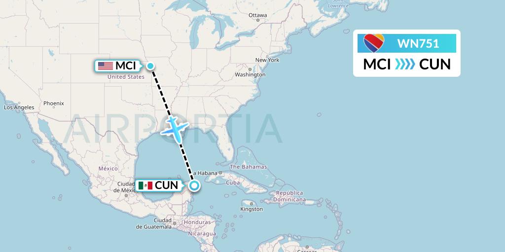 WN751 Southwest Airlines Flight Map: Kansas City to Cancun