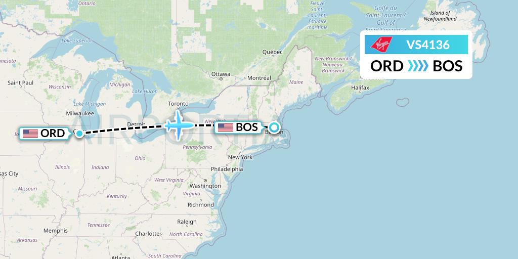 VS4136 Virgin Atlantic Airways Flight Map: Chicago to Boston