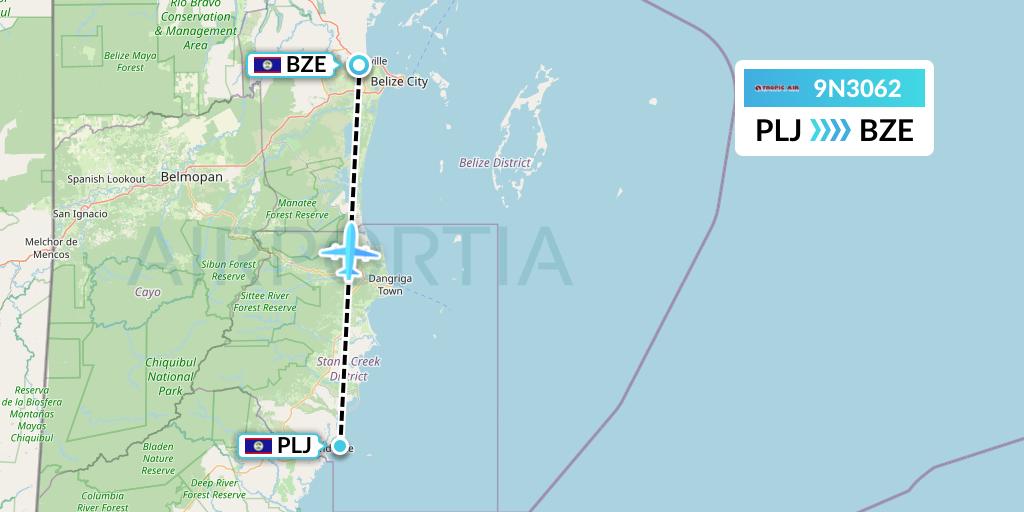 9N3062 Tropic Air Flight Map: Placencia to Belize City
