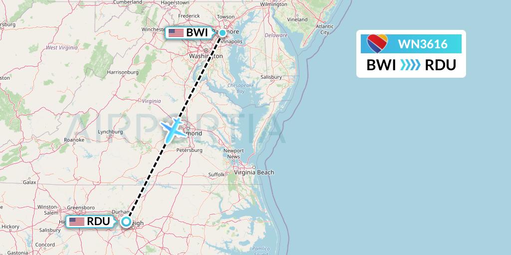 WN3616 Southwest Airlines Flight Map: Baltimore to Raleigh-Durham