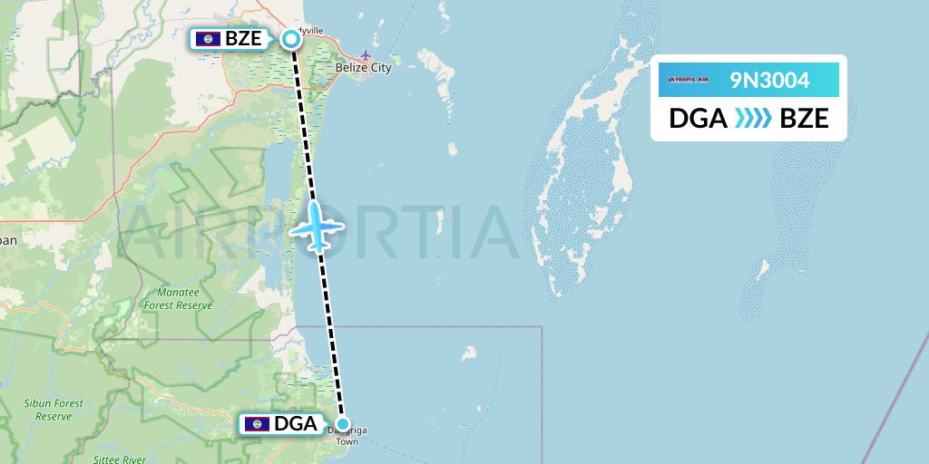 9N3004 Tropic Air Flight Map: Dangriga to Belize City