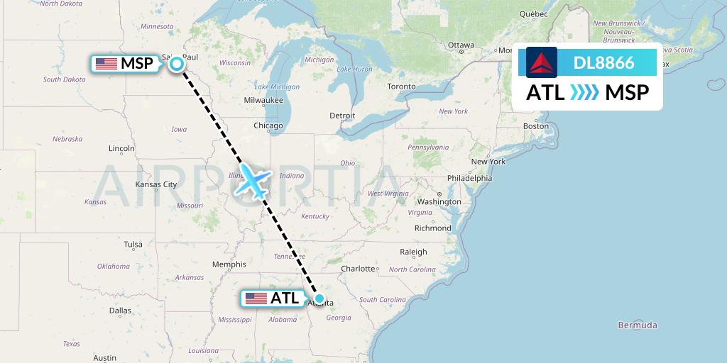 DL8866 Delta Air Lines Flight Map: Atlanta to Minneapolis