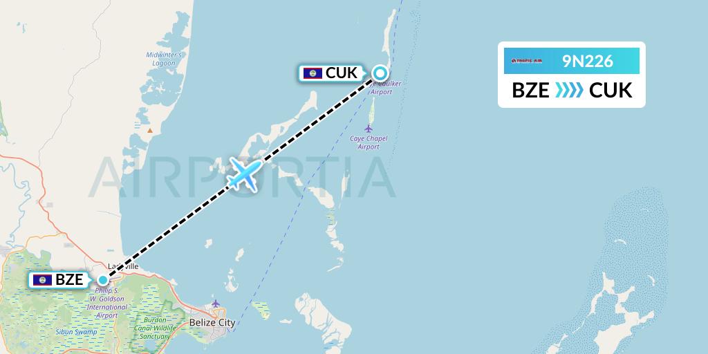 9N226 Tropic Air Flight Map: Belize City to Caye Caulker