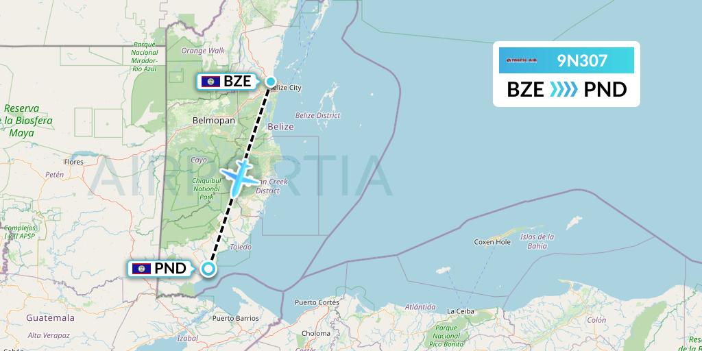 9N307 Tropic Air Flight Map: Belize City to Punta Gorda