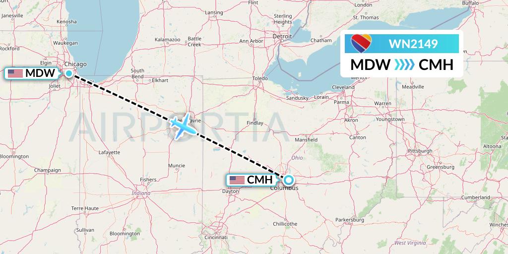 WN2149 Southwest Airlines Flight Map: Chicago to Columbus